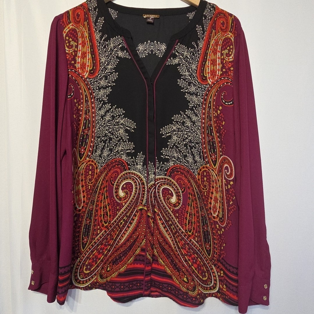 Dana Buchman Womens Size 14 Boho Paisley Blouse Burgundy Black Long Sleeve Top